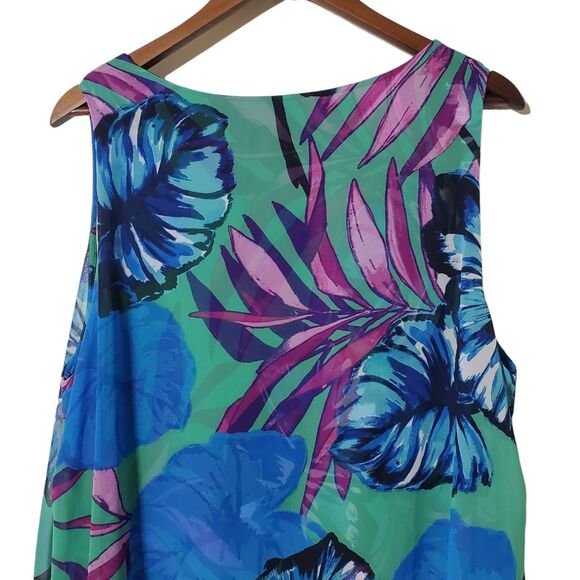 Susan Graver Liquid Knit Mini Dress 1X Plus Tropical Floral Print Green Pink - Picture 5 of 10